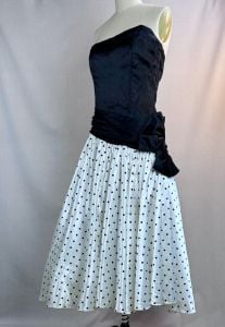 Vintage 80s Black and White Strapless Asymmetrical Polka Dot Prom Dress by Zum Zum, Sz 11 - Fashionconservatory.com