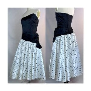 Vintage 80s Black and White Strapless Asymmetrical Polka Dot Prom Dress by Zum Zum, Sz 11