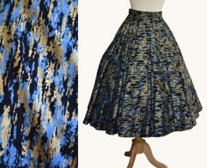 Vintage 50s Abstract Print Circle Skirt, Metallic Gold Blue Cotton, Medium