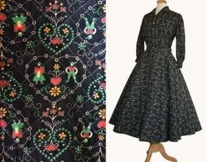 Vintage 50s Quilted Cotton Circle Skirt and Blouse Set, Folkloric Print, Size Medium