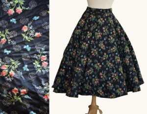Vintage 50s Circle Skirt, Black Quilted Cotton Roses Butterflies, M-L
