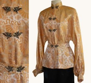 Vintage 60s Silk Jacquard Blouse, Gold Fan Print, Mandarin Collar, Frog Closures, S to M