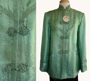 Vintage 60s Mint Green Silk Jacquard Asian Jacket, New With Tags, Size L Large