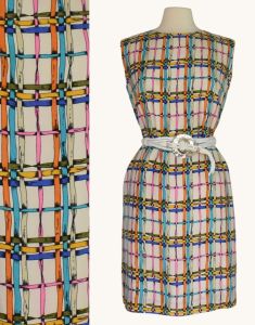 1960s Silk Shift Dress, Multicolor Ribbon Print, Made in Japan, Size M - L