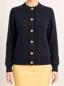 60s Cashmere Cardigan Sweater, Black Cable Knit, Gold Tone Metal Buttons, Size L Large