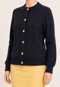 60s Cashmere Cardigan Sweater, Black Cable Knit, Gold Tone Metal Buttons, Size L Large - Fashionconservatory.com