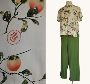 1950s Asian Blouse and High Waist Pants Set, Made in Japan, Peach Print, Size Medium - Fashionconservatory.com