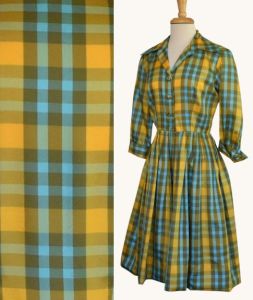 1960s Silk Plaid Shirt Dress, Serbin of Florida Shirtdress, Small