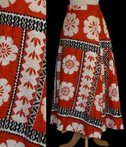 1970s Tapa Designs Hawaii Tiki Tapa Print Wrap Skirt, Maxi Length, Red, White & Black, Size M Medium