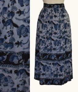 1970s Cotton Gauze Wrap Skirt  - Border Print with Elephants, Alligators and More, Size XL