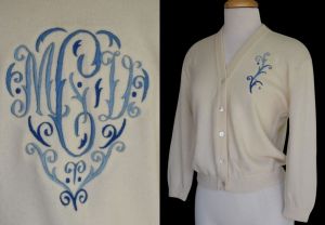 1960s Cashmere Cardigan Sweater, Blue Monogram on Cream or Off White, Size M Medium
