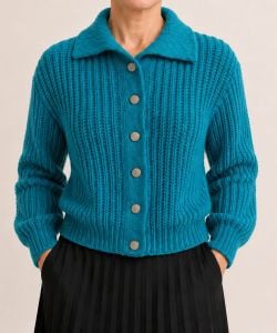 Vintage 50s Pandora Chunky Mixed Knit  Cropped Blue Cardigan Sweater, Size Medium - Fashionconservatory.com