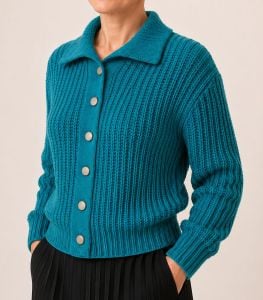 Vintage 50s Pandora Chunky Mixed Knit  Cropped Blue Cardigan Sweater, Size Medium