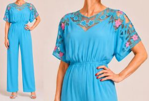 1990s Bali Crochet Embroidered Cutwork Jumpsuit, Turquoise Blue, New With Tags, NWT, Size M to L - Fashionconservatory.com