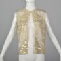 Small 1960s Sequined Wool Sweater Vest Cream Beaded Large Pailletes Sleeveless Iridescent Open Front