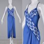 Small Royal Blue Long Nightgown 1970s Sheer Lace Panel Lingerie High Slit Nightie Sleepwear