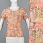 Small Pink T-Shirt 1970s Peach and Taupe Novelty People Print Top Short Sleeve Tee