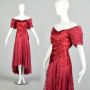 Large 1980s Maroon Lace Off-Shoulder Asymmetric Prom Dress