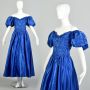 Large 1980s Mike Benet Formals Blue Puff Sleeve Ribbon Prom Dress