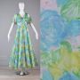 Small Maxi Dress 1970s Blue Green Pink Floral Print Chiffon Capelet Racerback