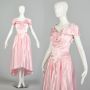 Medium 1980s Pale Pink Satin Hi-Low Hem Off-Shoulder Formal Dress