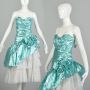 Small 1980s Strapless Sea Foam Asymmetric Lace Ruffle Prom Dress