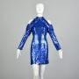 Small 1990s Sequin Cold Shoulder Dress Body Con Party Dress Blue Long Sleeve Mini Dress 