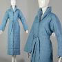 Medium 1970s Puffer Coat Blue Quilted Maxi Zip Front Tie Waist Winter