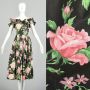 Large 1980s Off Shoulder Floral Dress Cotton Rose Print Boned Fit & Flare Day Dress