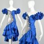 XS 1980s Royal Blue Silver Calypso Gown Sequin Asymmetric Prom Dress Taffeta Skirt Hi Lo Ruffle Hem