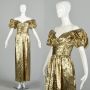 XS 1980s Mike Benet Lamé Metallic Evening Gown Gold Prom Formal Gown 