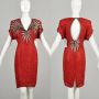 1980s Medium Lillie Rubin Red Beaded Bow Open Back Holiday Sexy Red Gold Dress