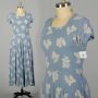 XL 1950s Day Dress Blue Casual Floral Novelty Print Rayon Short Sleeve