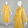 XS | Yellow and Orange Floral 1960s Hippie Empire Waist Maxi Dress with Ruffles and Bow