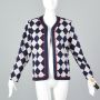 Large 1980s Sweater Navy and Gray Argyle Cardigan with Red Trim Button Down