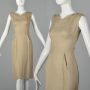 Small 1960s Day Dress Bonwit Teller Twill Beige Sheath Wiggle Sleeveless Knee-Length 