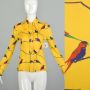 XS to S | 1970s Yellow Long Sleeve Eva for Robert Janan Parrot Bird Novelty Print Button Front Shirt