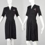 Medium 1930s Black Dress Short Sleeve Magenta Butterfly Sequin Detail Faux Wrap Style Skirt