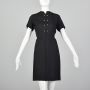 Small 1950s Mini Dress Black Short Sleeve Mandarin Collar Rhinestone Buttons Rockabilly Pin Up Dress