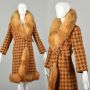 Large 1970s Coat Orange Chunky Boucle Tweed Wool Real Fox Fur Winter