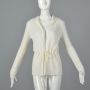 Small White 1960s Sweater Open Knit Crochet Drawstring Tie Front Cardigan