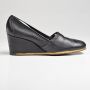 Sz 8 1970s Black Leather Slip-On Wedges High Heel Shoes