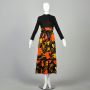 Small 1970s Maxi Dress Hostess Bark Cloth Autumn Bohemian