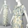 Medium 1970s White Maxi Dress Blue Floral Chiffon Overlay Flutter Sleeve Blouson Waist