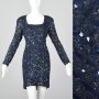 XS 1990s Oleg Cassini Black Tie Blue Beaded Silk Cocktail Dress 