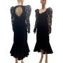 80s Black Velvet Mermaid Hem Midi Dress w Sequin Sleeves