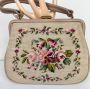 Vintage 50s Beige Needlepoint Handbag, Rose Floral Design