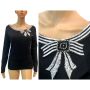 90s Beaded Bow Sweater – Black Knit Long Sleeve, Rhinestone & Glass Beads Embellished Neckline
