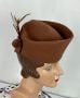 Vintage 1940s Tan Wool Tilt Hat with Security Back, Feathers, Stacked Indented Crown