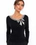 90s Beaded Bow Sweater – Black Knit Long Sleeve, Rhinestone & Glass Beads Embellished Neckline